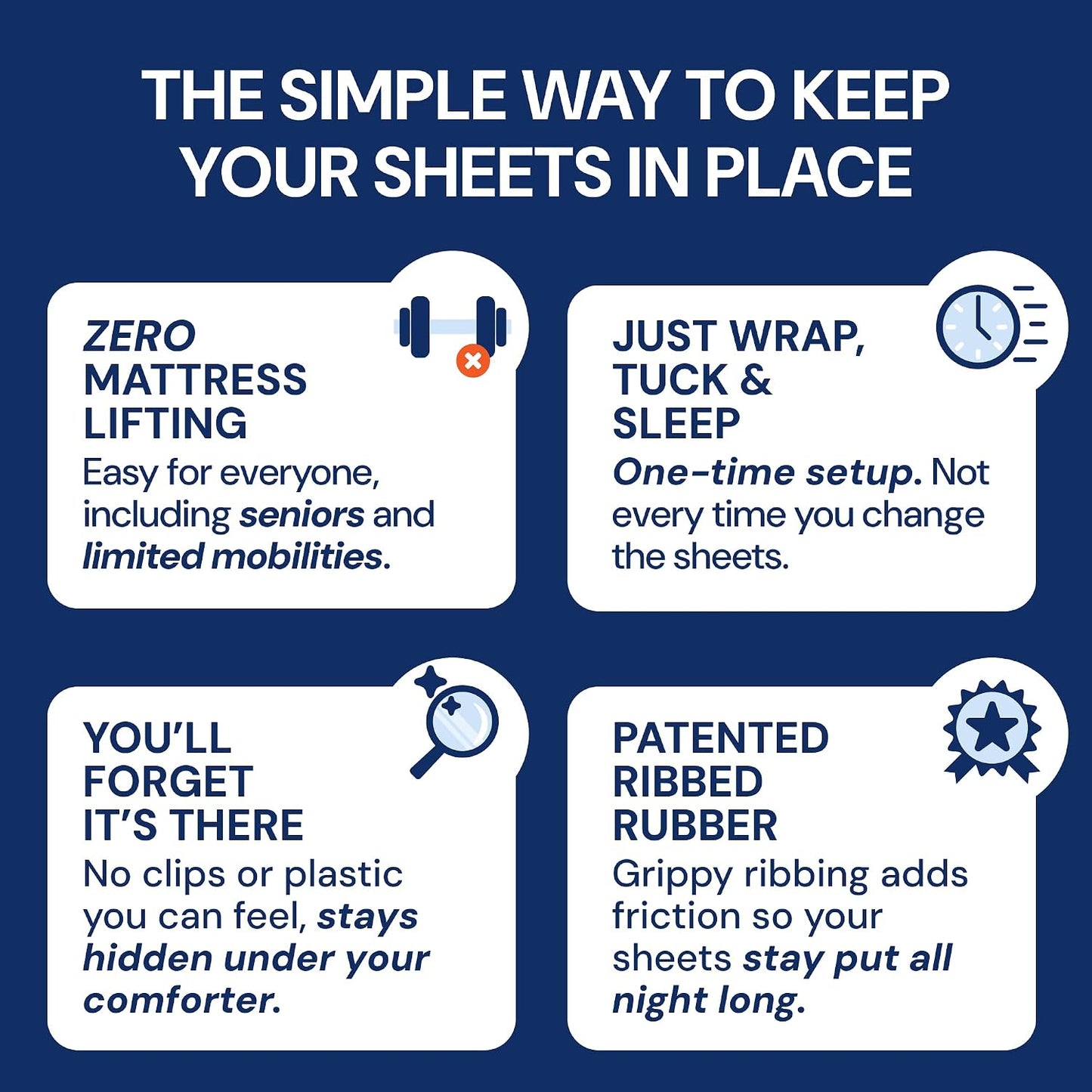 RUBBER HUGGER Elastic Fitted Sheet Straps - King 76x80, Anti-Slip | Rubber anti-slip sheet straps - secure corner grip - Use for king fitted sheets, keep sheets in place