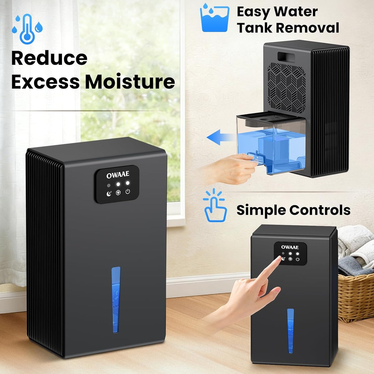Dehumidifier, 1000 sq.ft Dehumidifiers for Home Bedroom Bathroom Basement with 95oz Water Tank, Sleep Mode, Auto Shut-Off 7 Colors LED Light, Grey