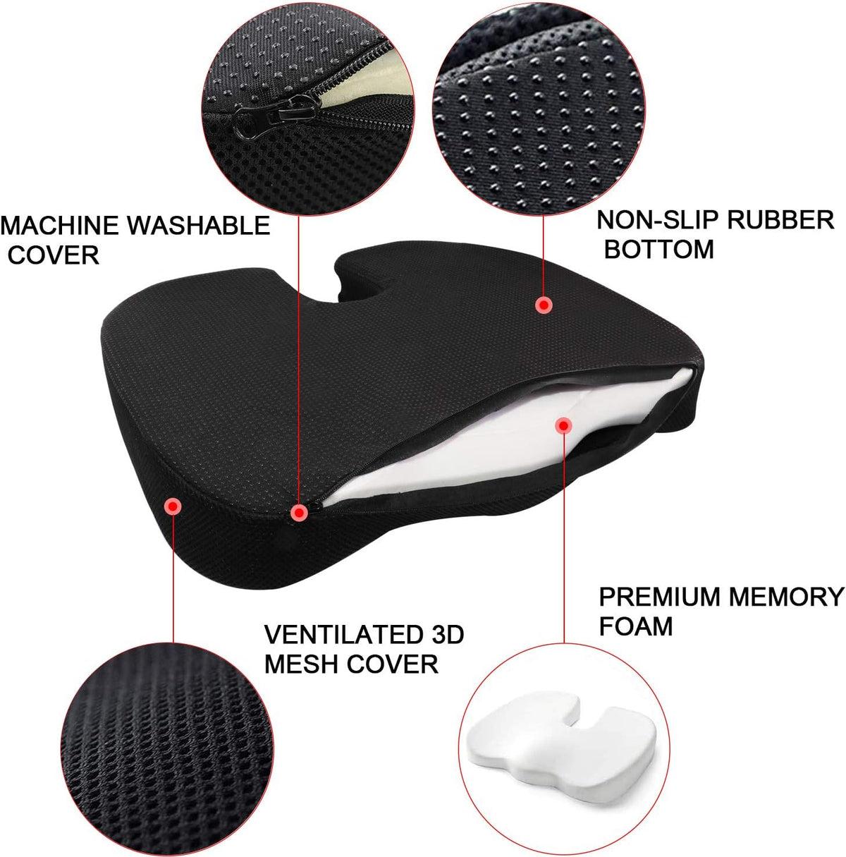 Seat Cushion Premium Memory Foam Non-Slip Coccyx Tailbone Cushion for Office Chair, Car Seat, Wheelchair, Yoga and Travelling- Back, Hip and Tailbone Pain Relief