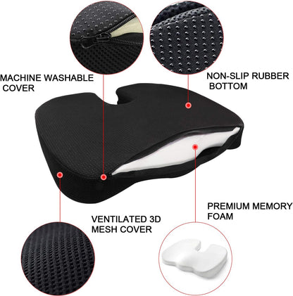 Seat Cushion Premium Memory Foam Non-Slip Coccyx Tailbone Cushion for Office Chair, Car Seat, Wheelchair, Yoga and Travelling- Back, Hip and Tailbone Pain Relief