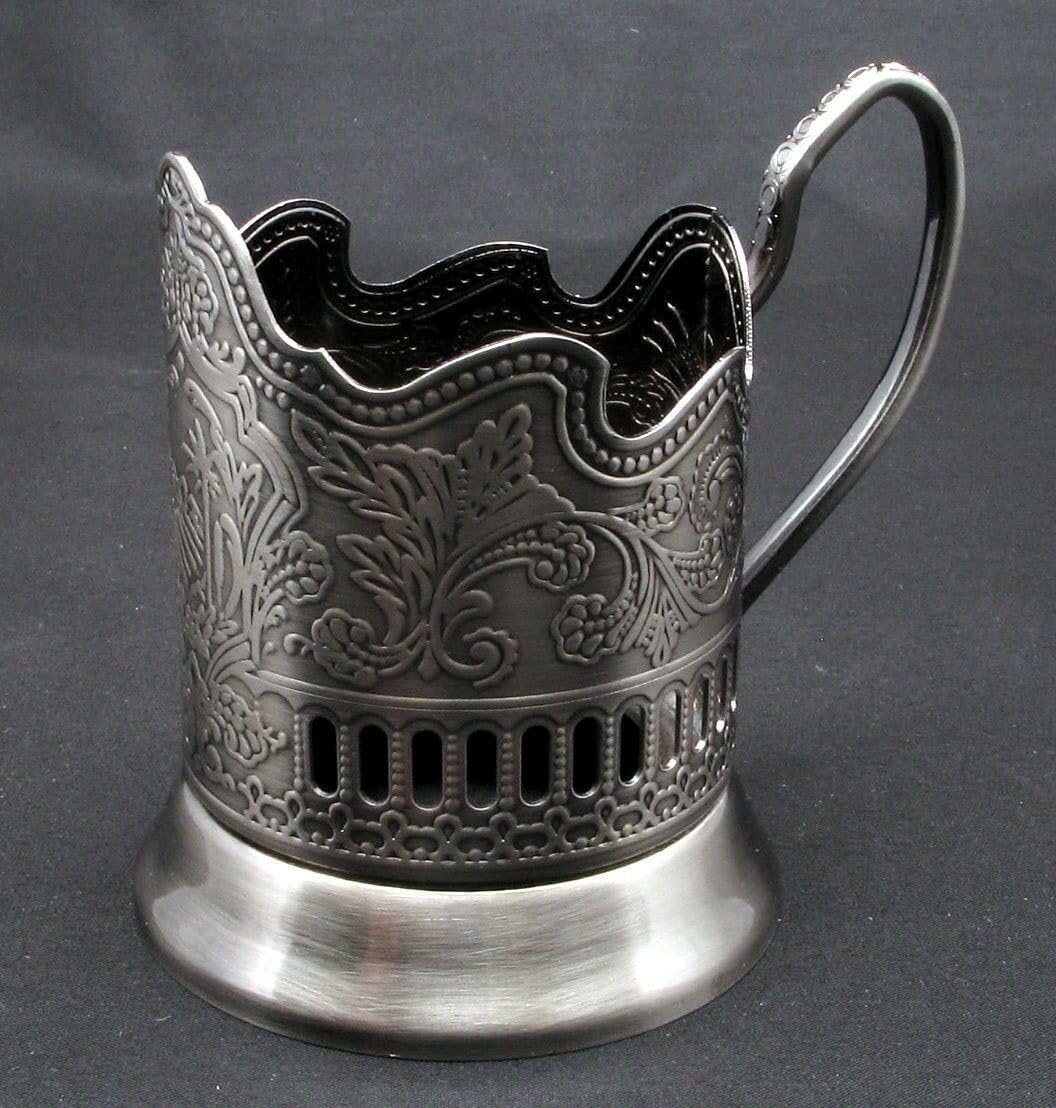 GHOLD Podstakannik for Hot Beverages, Metal Glass Holder w/Handle and Floral Pattern