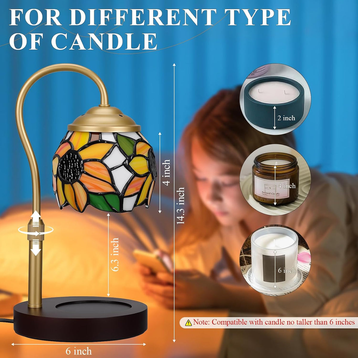 Candle Warmer Lamp - Electric Candle Lamps Timer Dimmer, Sunflower Tiffany Style Stained Glass Candle Warming Lamp Compatible with Jar Candles Valentine Birthday Gifts for Mom Friend Wax Melt Warmer
