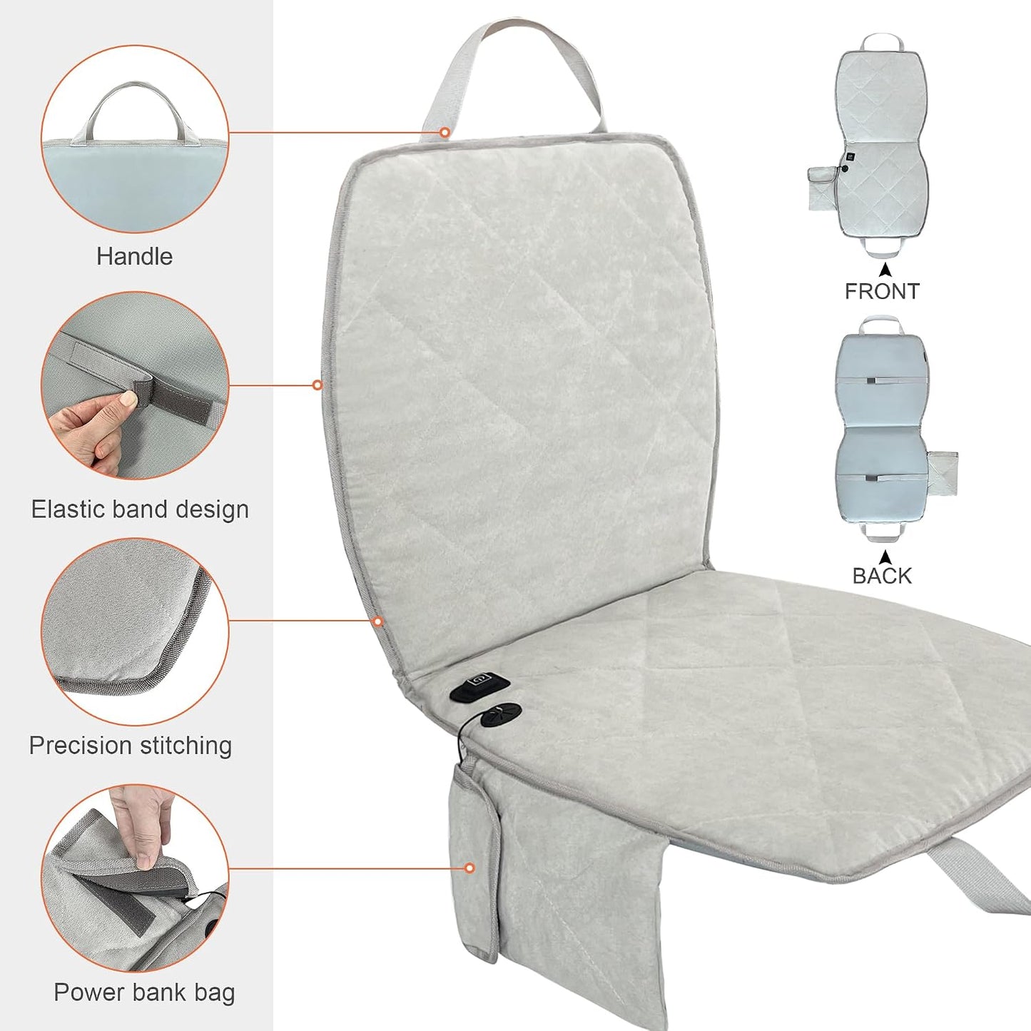 Portable Heated Seat Cushion (No Power Bank) - Premium Heated Camping Chair Pad, Foldable Heated Stadium Seat for Bleachers, USB Powered for Sports & Concerts - Grey