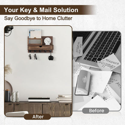Key Holder for Wall with 5 Key Hooks and Storage Drawer | Key Holder Wall Mount, Mail Organizer for Entryway Living Room Farmhouse Home Decor