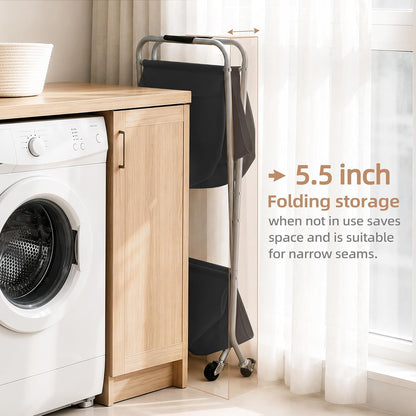 STORAGE MANIAC Collapsible Laundry Cart with Wheels 35.6"H Removable Canvas Bag Rolling Laundry Hamper Clothes Basket with Wheels, Sturdy Steel Frame Folding for Small Narrow Space Easy Storage, Beige