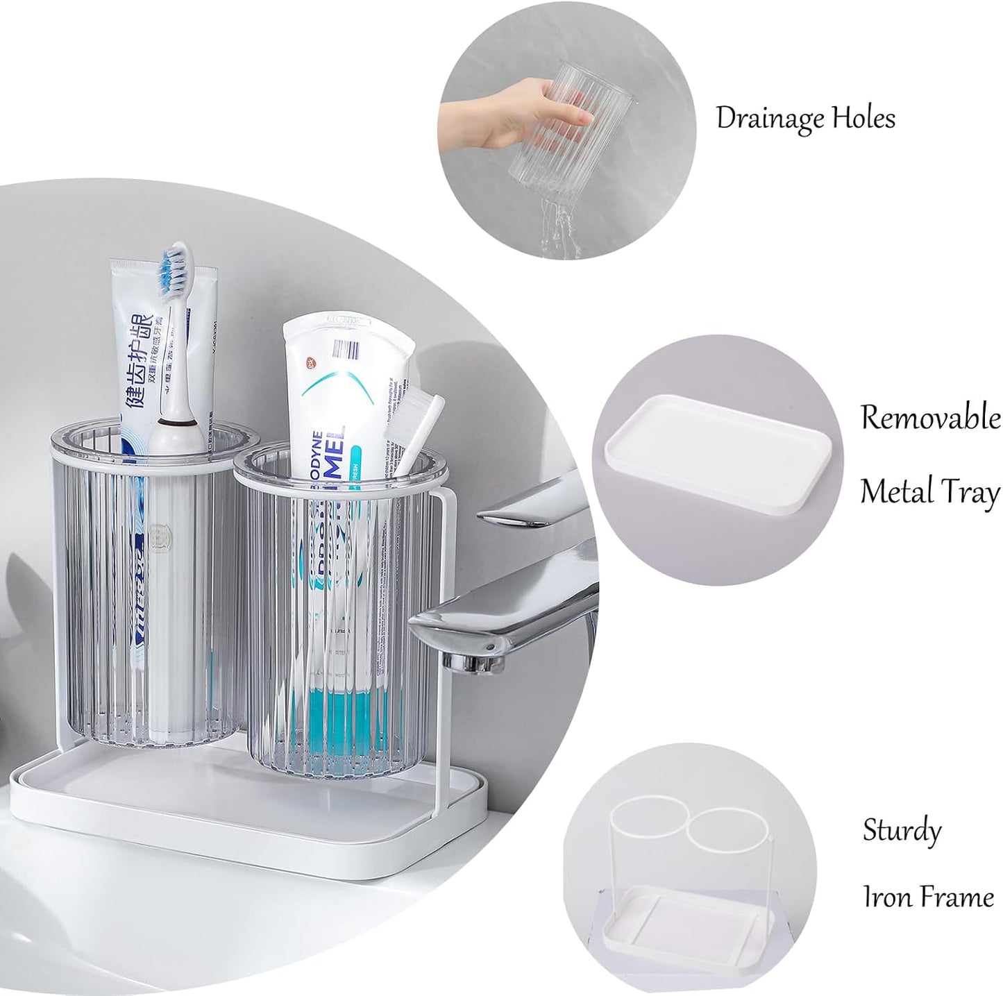 Toothbrush Holders with Drain Tray, Hanging Toothbrush and Toothpaste Holder Organizer Bathroom Caddy Countertop for Toothpaste, Razors, Electric Toothbrush - Clear | Detachable, Easy to Clean, Bathroom Organizer for Electric Toothbrush, Razors