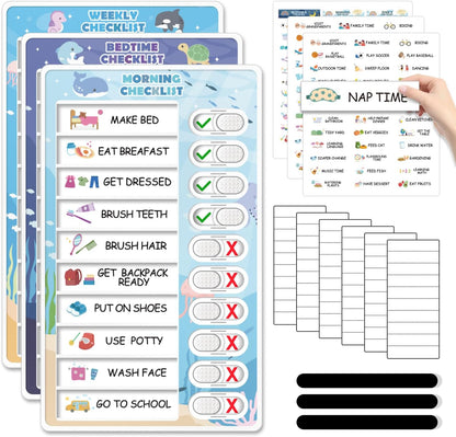 Upgraded Slider 4 in 1 Reward Chart for Kids, Reusable Bedtime/Morning/Daily Routine Chart for Kids, Magnetic Chore Chart for Kids Toddlers, Sticker Chart for Kids Behavior Chart for Kids at Home
