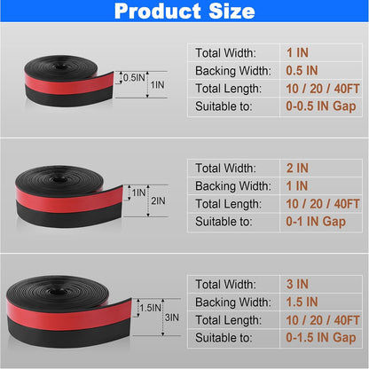 ToLanbbt Weather Stripping Silicone Door Seal Strip 2 in x 10 ft Door Draft Stopper Self Adhesive Tape, Side & Bottom Gaps Insulation Seal for Glass Shower Sliding Window, Black