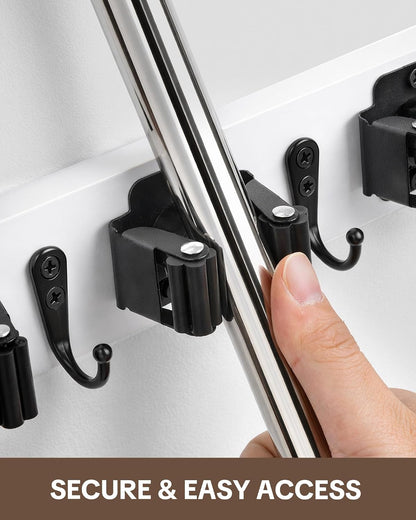 Lorbro 2 Pack Broom Holder Wall Mount, Wooden Rack with 4 Slot & 4 Hook | Broom and Mop Organizer Wall Hanging, Tool Organizer for Laundry Room, Closet, Garage, Kitchen