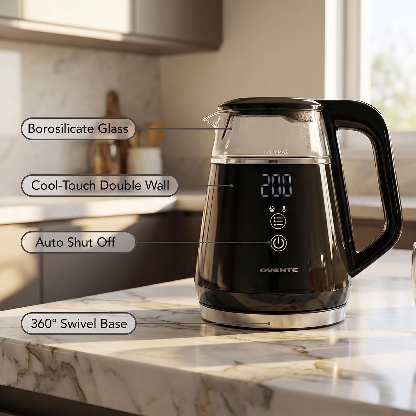 OVENTE 1L Electric Kettle with Temperature Control, 1500W, Black KD95B | Water Boiler With Digital Display, 5Hr Keep Warm, Auto Shut-Off, Double-Wall Cool-Touch Exterior, BPA-Free Borosilicate Glass