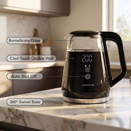 OVENTE 1L Electric Kettle with Temperature Control, 1500W, Black KD95B | Water Boiler With Digital Display, 5Hr Keep Warm, Auto Shut-Off, Double-Wall Cool-Touch Exterior, BPA-Free Borosilicate Glass