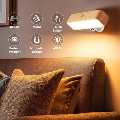 Battery Operated Wall Sconces Set of Two, Rechargeable Wall Lights Battery Operated, Wood Stick On Wall Mounted lamp Bedside Reading for Bedroom, Stepless Dimmable Wall Lamps for Living Room