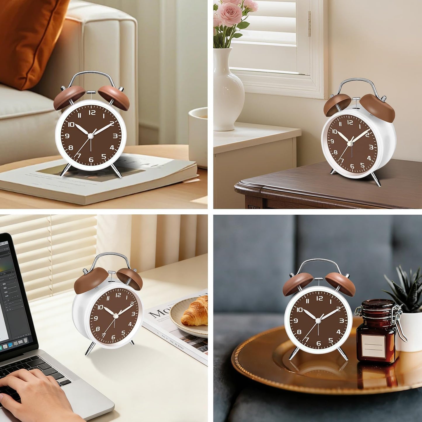 4.5" Analog Alarm Clock for Heavy Sleepers, Loud Battery Operated Alarm Clocks with Light, Metal Silent Desk Clock for Bedrooms, Retro Bedside Clocks for Kids Girls Women Mother Seniors, Pink