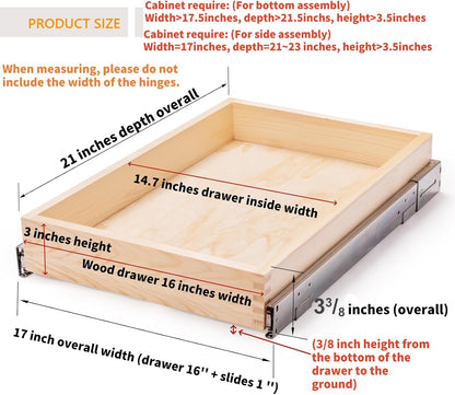 32''W x 21''D x 3''H Pull Out Cabinet Drawer Soft Close Slide Out Wood Organizer for Kitchen, Finished, Bottom and Side Assembly (Wood Drawer Part Width is 31inch)