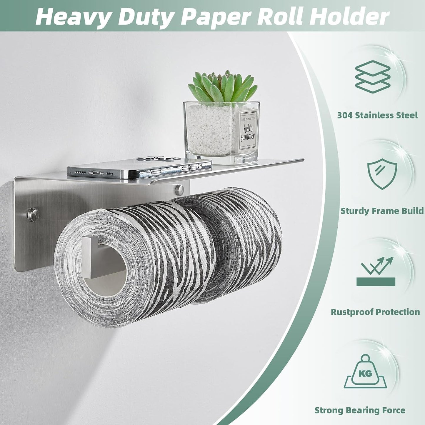 APLusee Matte Black Toilet Paper Holder with Storage Shelf, Wall Mounted | Rustproof 304 Stainless Steel, 2-in-1 Functional Toilet Paper and Phone Storage, Fits Bathroom, Restroom, Vanity, Kitchen