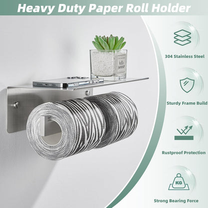 APLusee Matte Black Toilet Paper Holder with Storage Shelf, Wall Mounted | Rustproof 304 Stainless Steel, 2-in-1 Functional Toilet Paper and Phone Storage, Fits Bathroom, Restroom, Vanity, Kitchen