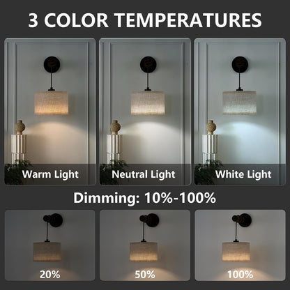 XSDeTu Battery Operated Wall Sconce with Remote, Rechargeable Battery Powered Wall Light, 3 Colors Dimmable Wall Mounted Lights, Adjustable Lamp for Bedroom Bedside, Wooden Arm, Fabric Shade, 2 Pcs
