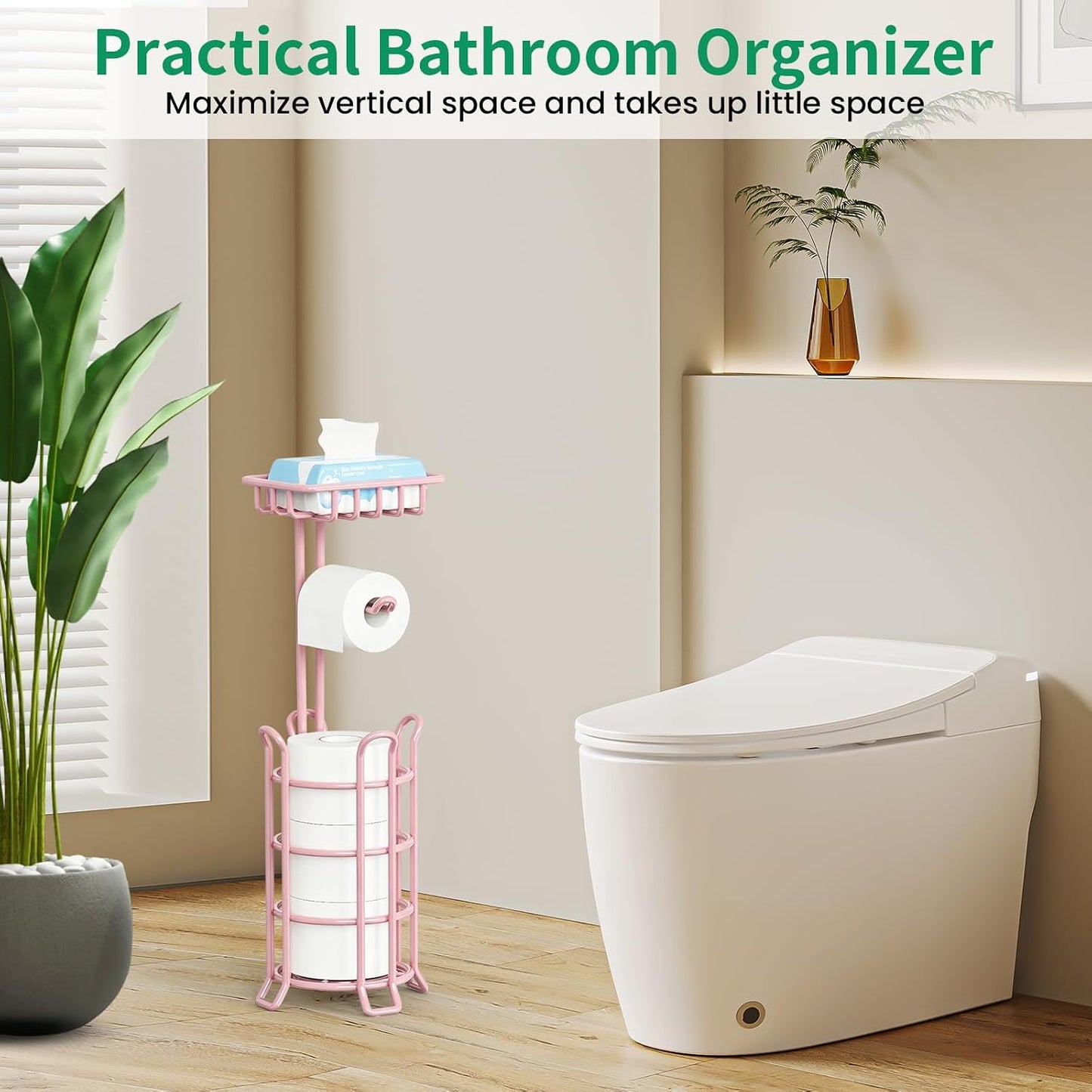 TomCare Toilet Paper Holder Free Standing with Shelf, Stable 4 Raised Feet | Stores 4 Mega Rolls, Tool-Free Assembly, Powder-Coated Metal Frame, Bathroom Storage Organizer for Spare Rolls, Silver