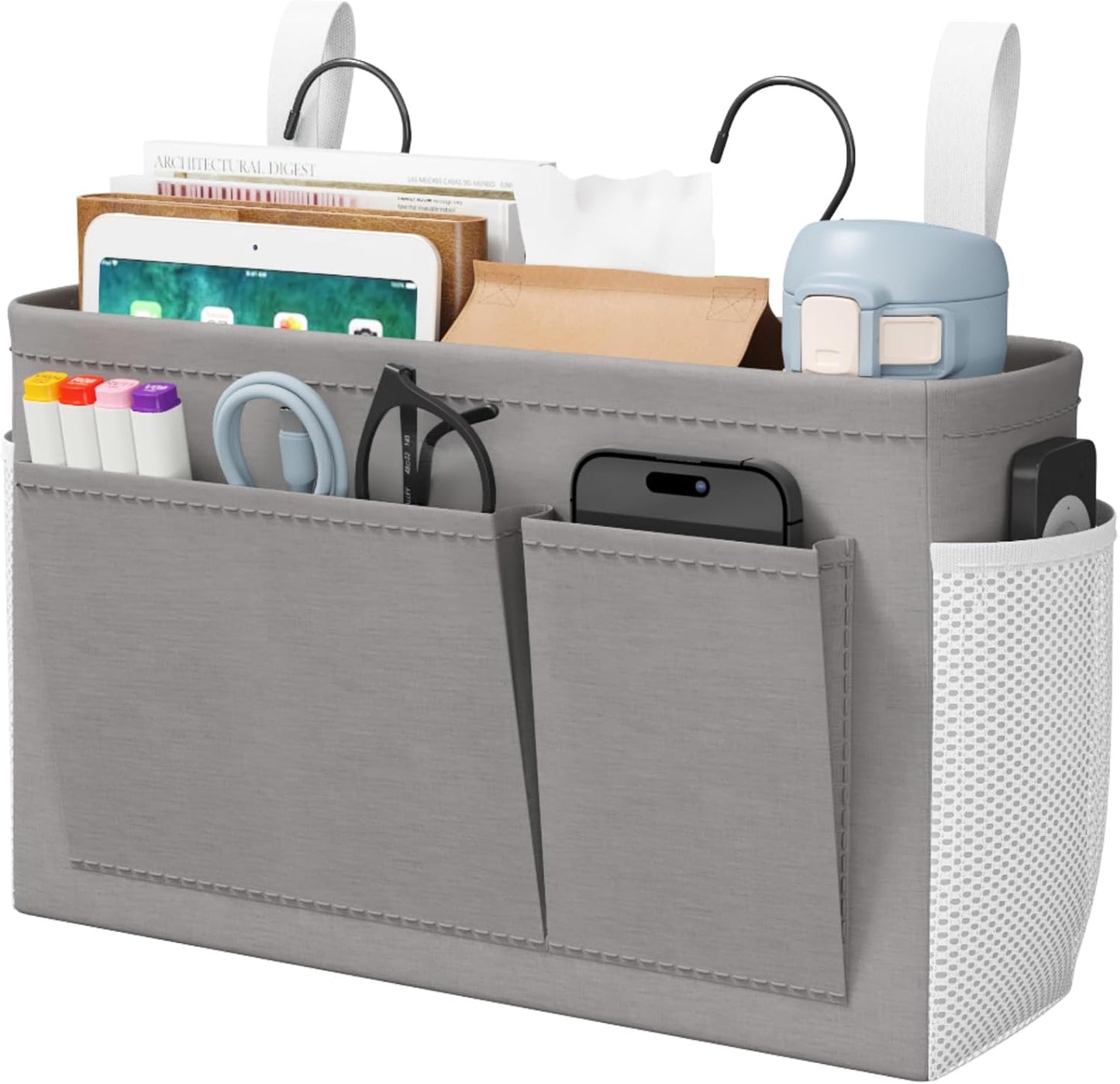 Lifewit Bedside Caddy Storage Organizer, Hanging Storage Bag with Fixed Straps, Book Remotes Holder for Home, College, Dorm, Bunk, Hospital, Crib Bed Rails, White