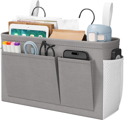 Lifewit Bedside Caddy Storage Organizer, Hanging Storage Bag with Fixed Straps, Book Remotes Holder for Home, College, Dorm, Bunk, Hospital, Crib Bed Rails, White