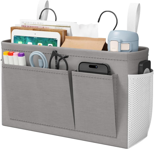 Lifewit Bedside Caddy Storage Organizer, Hanging Storage Bag with Fixed Straps, Book Remotes Holder for Home, College, Dorm, Bunk, Hospital, Crib Bed Rails, White