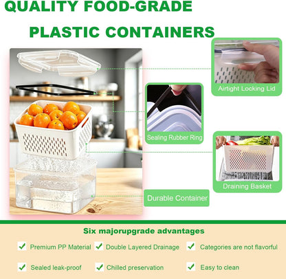 4 Plastic Sealed Freshness Boxes with Removable Filters, Fruits and Salads | 106 OZ (3.15L) + 57 OZ(1.7L) + 27 OZ(0.8L) + 13 OZ(0.38L), plastic, soaking, washing, draining, storage, stackable, nestable