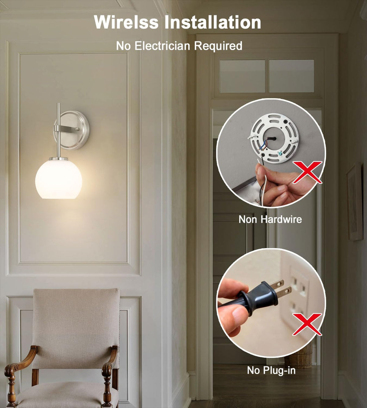 Wireless Wall Sconces with Remote Control, Battery Operated Wall Sconce Set of 2, Black & Gold Rechargeable Dimmable Wall Light for Bedroom Living room Bathroom Hallway Entryway Stairwell, 3000K