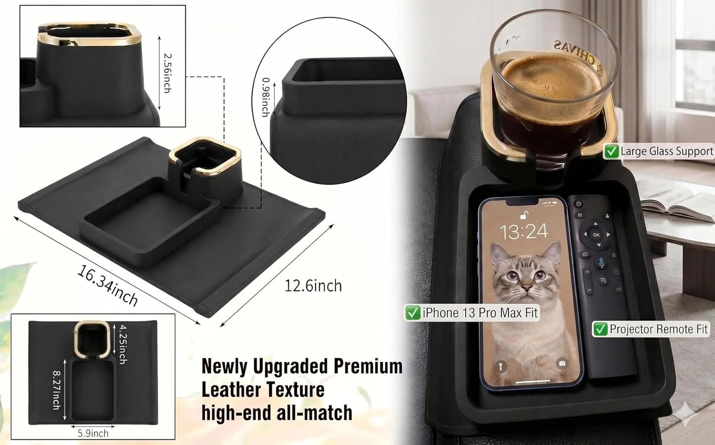 Luxury Gold Trim Couch Cup Holder Tray - Weighted Anti-Spill Navy Blue Silicone Sofa Armrest Organizer, Non-Slip Recliner Tray Table for Drinks, Remote, Phone - Fits Most Couch Arms