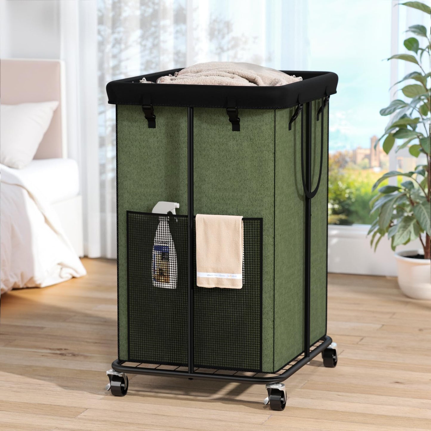 Laundry Hamper with Wheels, 150L Rolling Laundry Basket with Bag & Handles | Sturdy Metal Frame | Removable Bag | Large & Tall Dirty Clothes Hampers for Laundry Room, Bedroom, Dorm, Bathroom-Black