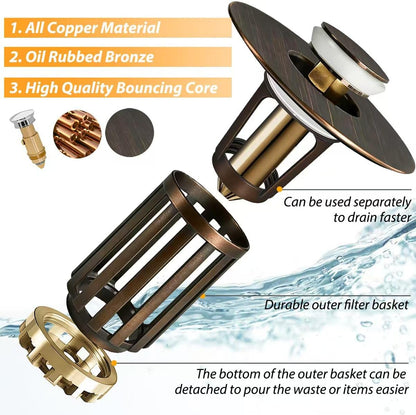 Anlige Bathroom Sink Drain Strainer, 3 in 1 Pop Up Bathroom Sink Stopper with Removable Brass Basket Hair Catcher, Universal Sink Plug for 1.06 to 1.6in Drain Hole, Chrome Silver