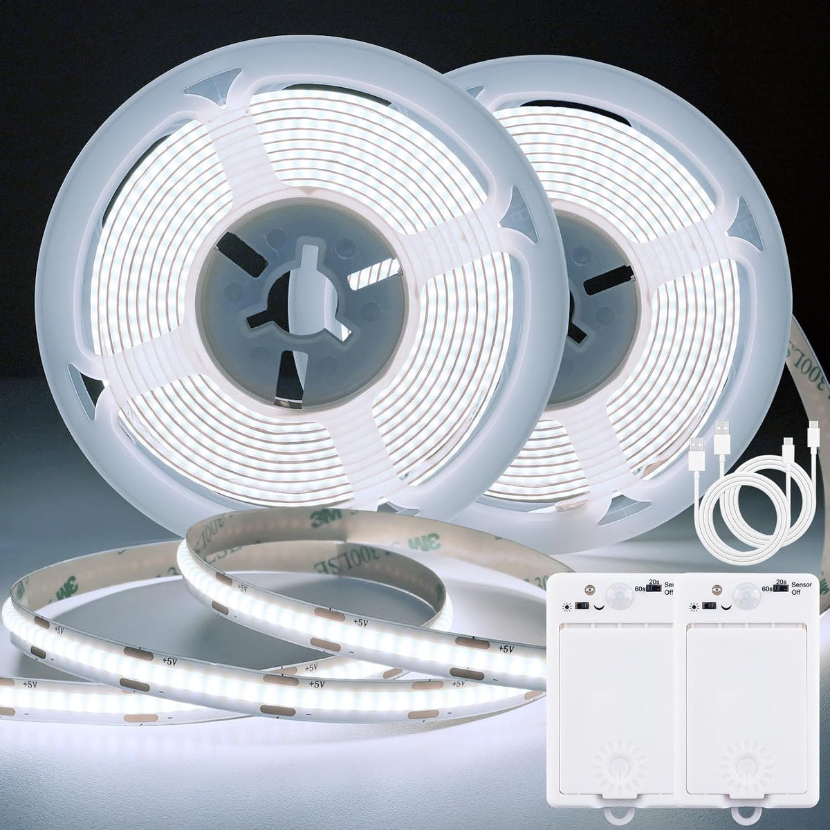 OMIKA Dual Sensor Stair Lights Indoor, Rechargeable 16.4ft LED Strip Light, 150 LEDs Double Motion Activated Under Bed Night Lights for Shelves, Stairway, Closet, Corridor, Bedroom, 6000K Cool White