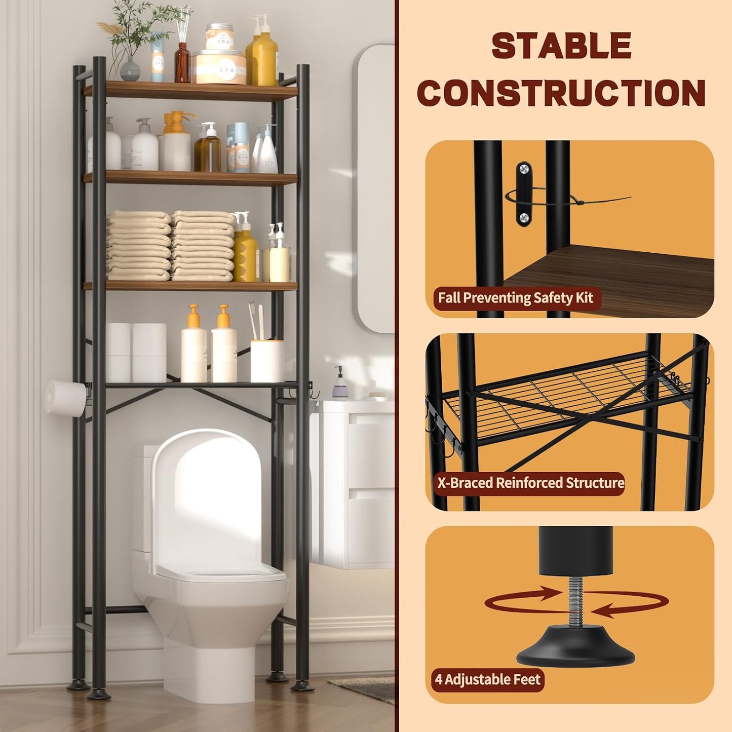 GloTika 3-Tier Over Toilet Storage, Anti-Tilt, 64" H, Black | Anti-Tilt Safety System, 150lb Capacity, Carbon Steel, Freestanding, No Drilling, Anti-Rust Coating, Paper Holder & 4 Hooks