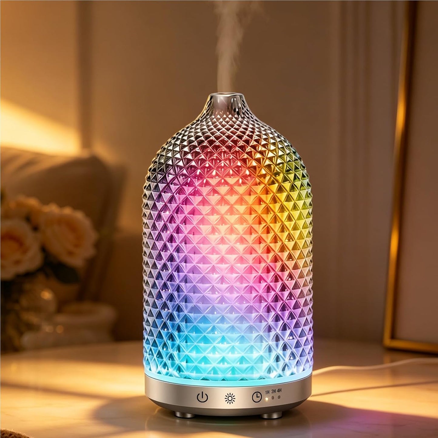 Essential Oil Diffuser 150ml, Glass Diffuser with Ultrasonic Small Humidifier, 7 Color Lights, 1/2/4H Timer, Quiet Auto Shut-Off Oil Diffuser for Bedroom, Home, Office (Silvery)