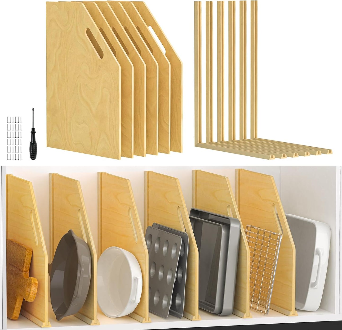 6 Pack Wood Tray Dividers Organizer For Kitchen Cabinet | Adjustable Vertical Cookie Sheet Organizer, Cabinet Dividers Organizer For Pots, Cutting Board, Pans, Lids, Baking Sheets