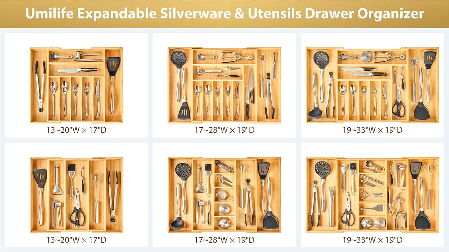 Large Expandable Kitchen Silverware Utensils Drawer Organizer, 2.5" Extra High Adjustable Drawer Divider with Curved Grooves, Bamboo Wood Cutlery Tray Flatware Holder