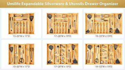 Large Expandable Kitchen Silverware Utensils Drawer Organizer, 2.5" Extra High Adjustable Drawer Divider with Curved Grooves, Bamboo Wood Cutlery Tray Flatware Holder