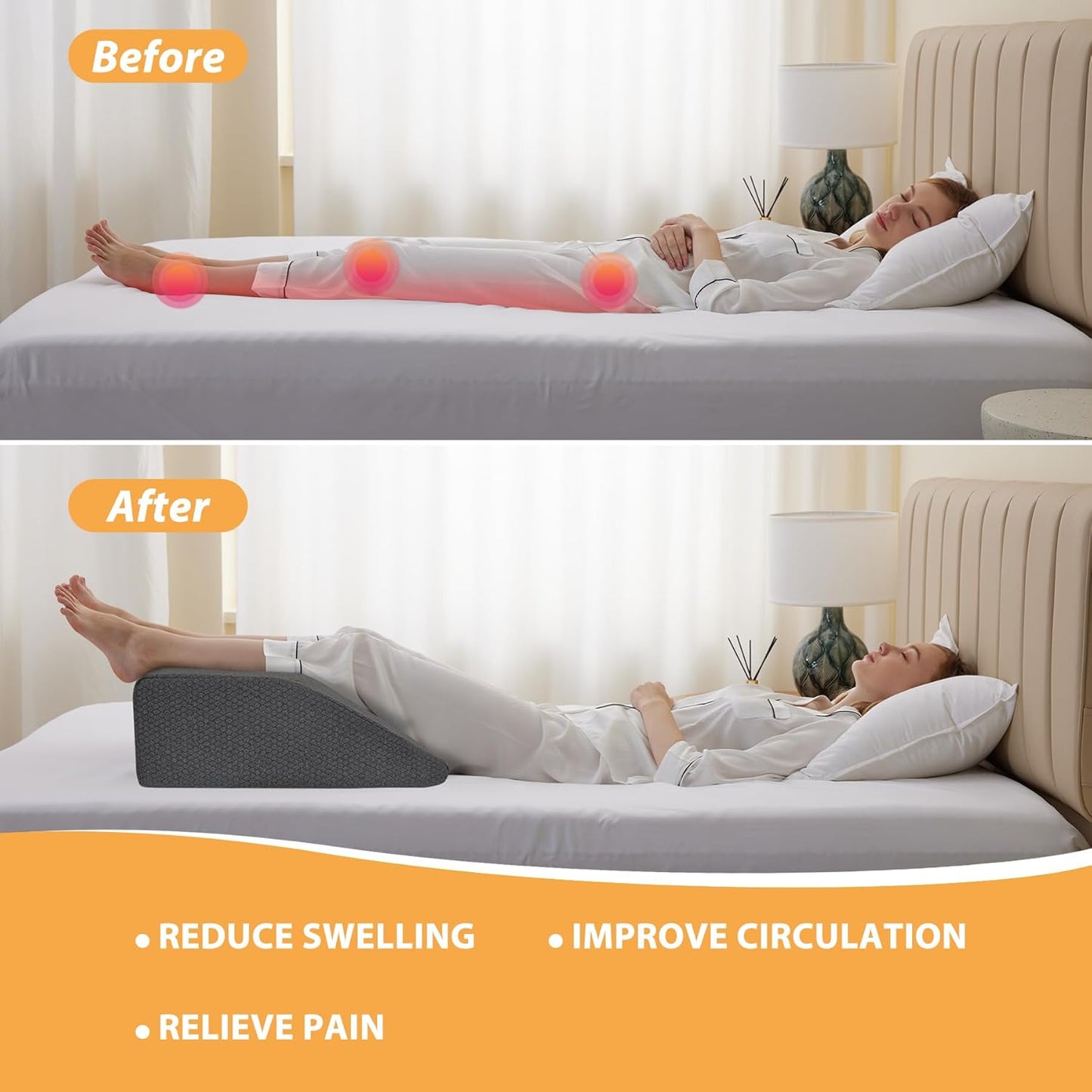 Bedluxe Leg Pillow Elevation Blood Circulation, Wedge Pillow for Legs Swelling, Leg Elevating Wedge Pillow for After Surgery, Foot Knee Pillow for Leg Rest, Sleeping, Memory Foam Top, 8in, White/Grey