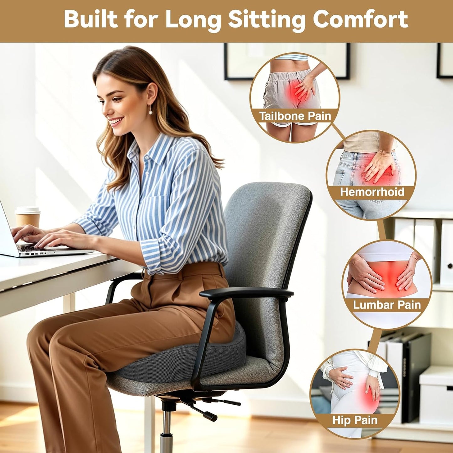 TushGuard 4-Zone Ergonomic Seat Cushion with Coccyx Cutout, Black | Office Chair Cushions for Tailbone Pain, Non-Slip Bottom, Breathable Washable Mesh, Versatile Use for Car, Office, Wheelchair