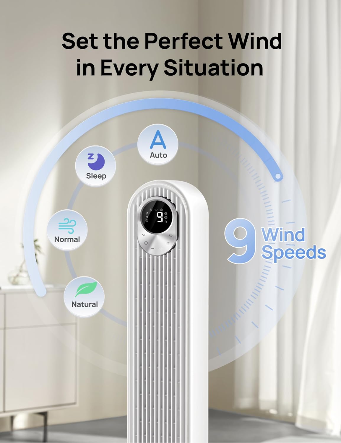 DREO Tower Fan for Bedroom, 28ft/s High Velocity, 9 Speeds, DC Motor