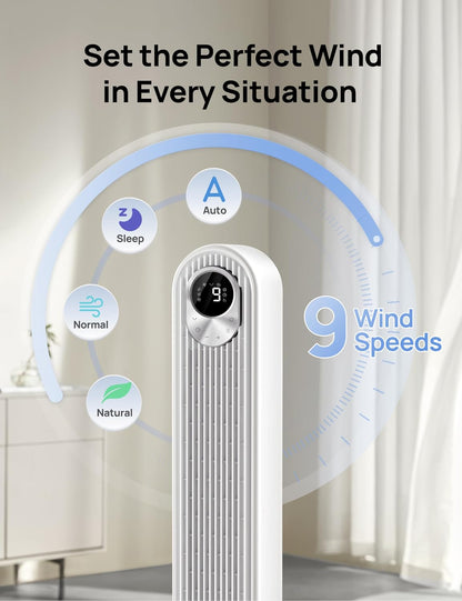 DREO Tower Fan for Bedroom, 28ft/s High Velocity, 9 Speeds, DC Motor