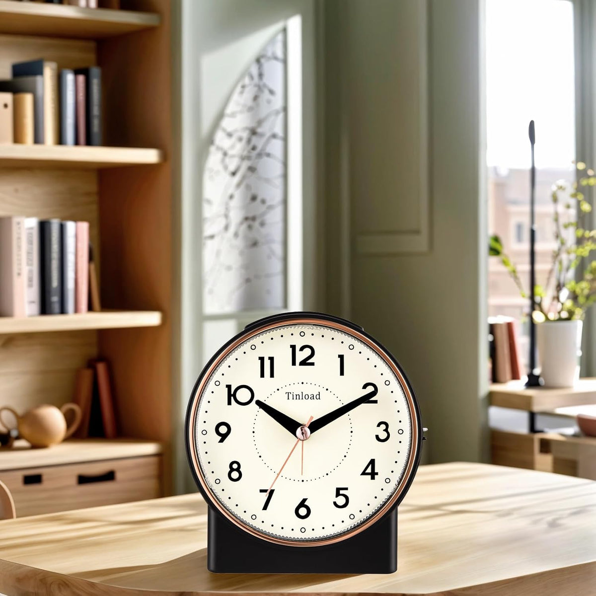 Tinload 4.3" No Ticking Analog Alarm Clock,Silent Readable for Seniors,Easy to Set,Gradual Rise Alarm,Big Numbers,On/Off Switch on Side,Gentle Wake,Snooze,Lighted on Demand,Battery Operated,Black