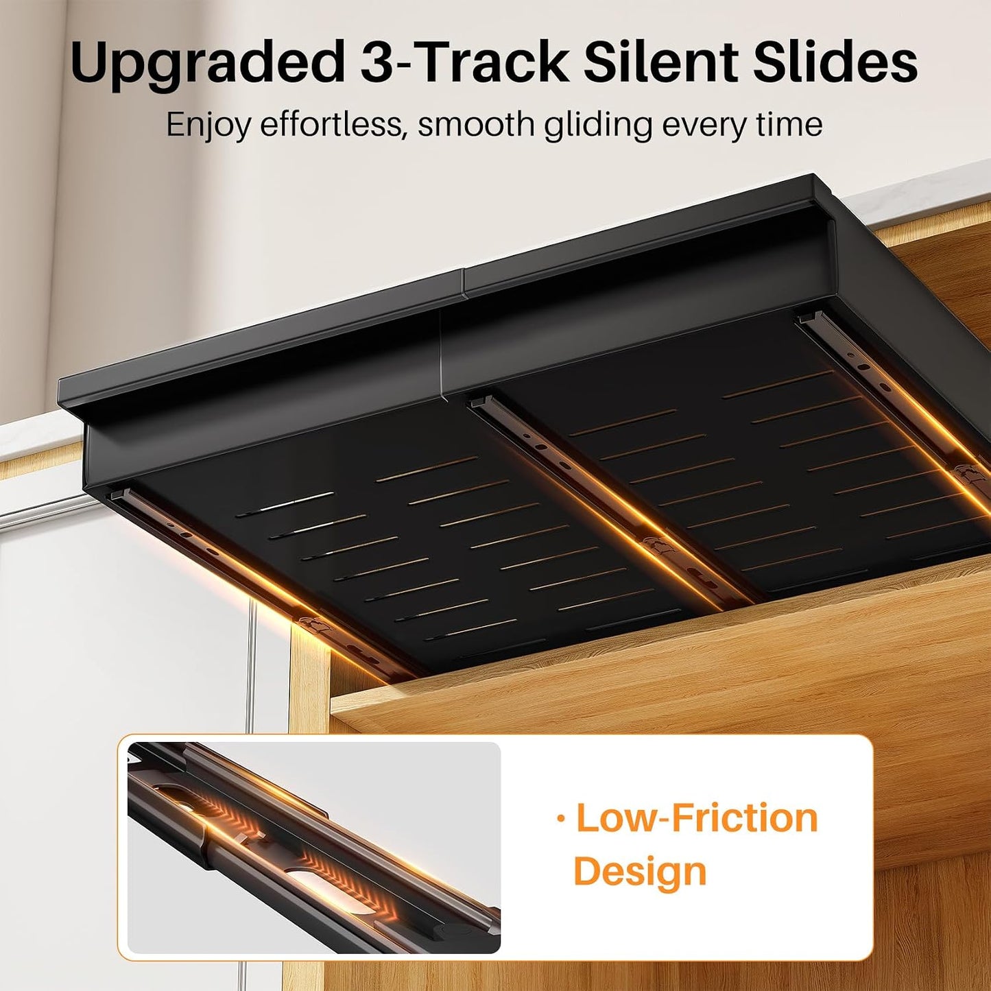 Pull out Cabinet Organizer, 1-Pack Expandable(13.6"-24") Silde out Drawers with Raising Pad for Framed Cabinets, Adjustable Full-Extension Adhesive Roll out Shelves for Kitchen Pantry Home Pot and Pan