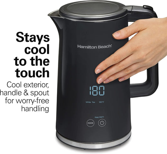 Hamilton Beach Digital Temperature Control Electric Tea Kettle, Hot Water Boiler & Heater 1.7L, 5 Preset Modes + Keep Warm, Fast Boil 1500 Watts, BPA Free, Cool-Touch Exterior, Black (41033) | Fast Boiling 1500 Watts |Temp Control + 5 Presets |