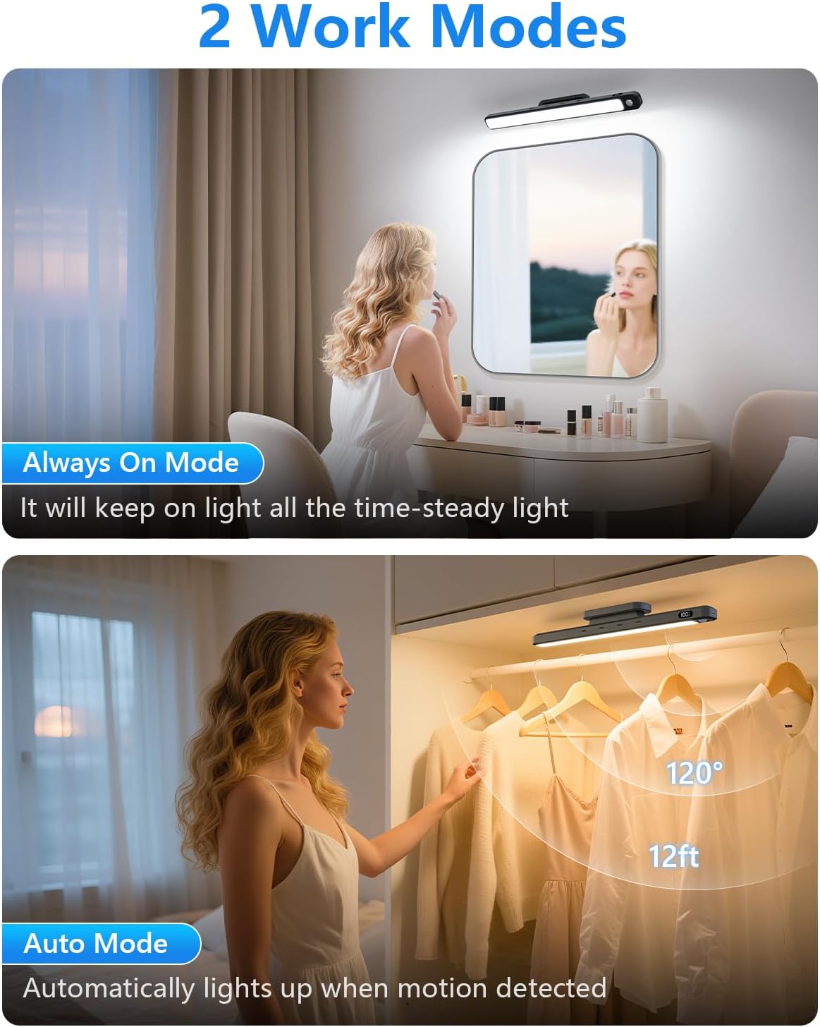 Ferswe 5W Motion Sensor Magnetic Light Bar, 2500mAh Rechargeable Under Cabinet Lighting with Battery Display, Eye-Friendly Mirror Lights, LED Light Bar for Cabinet, Closet, Bathroom and Desk