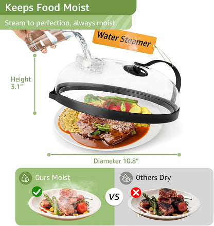 Microwave Splatter Cover with Water Steamer for Food - 10 Inch Steam Microwave Splatter Guard with Handle Plate Covers for Heating Food Splash Oven Lid with Built in Steamer