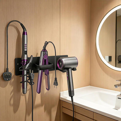 Hair Dryer Holder Wall Mount, Easy Assemble Hair Tool Organizer | 3 in 1 Metal Dryer Rack with Blow Dryer Holder & Curling Iron & Straightener Storage for Salo ＆ Bathroom (Matte Black)