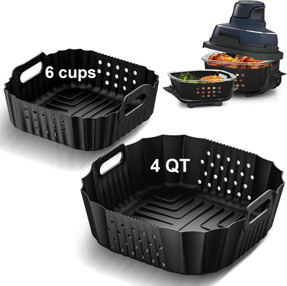 Air Fryer Silicone Liners for Ninja Crispi FN101GY/FN101SG/FN101ST Reusable | Big Liner for 4 QT Glass Container & Small Liner for 6 Cups Glass Container, 2 Pcs Reusable Non-Stick Basket Accessories