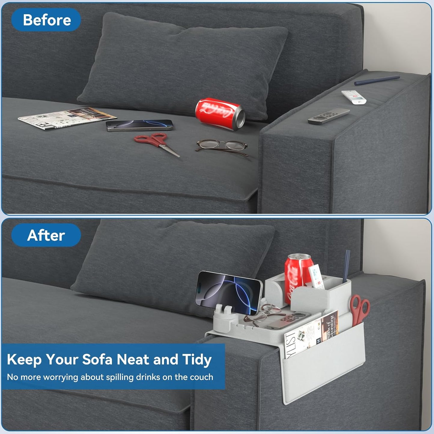 Couch Arm Cup Holder CLESOO Couch Arm Tray Anti-Slip Couch Cup Holder Silicone Sofa Armrest Tray Dual Side Pocket Couch Drink Holder Sofa Caddy Arm Remote Holder Snack Caddy with Phone Holder Blue
