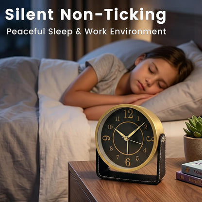 Analog Alarm Clock - 4.5" Silent Non Ticking Small Clock with Light, Rotatable Stand Metal Desk Clock Battery Operated, Simple Design for Living Room Decor/ Bedroom/Bedside/Shelf (Black & White)
