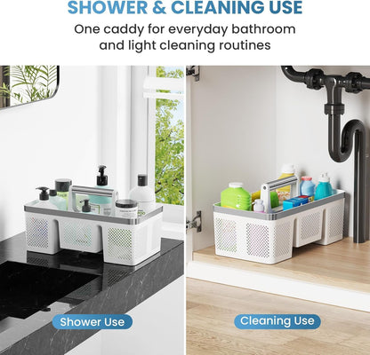 BYUNER Portable Cleaning & Shower Caddy with Handle: Rigid Plastic Basket with 4 Divided Compartments, All-Side Drainage for College Dorm, Bathroom & Utility Use, Black/Gold